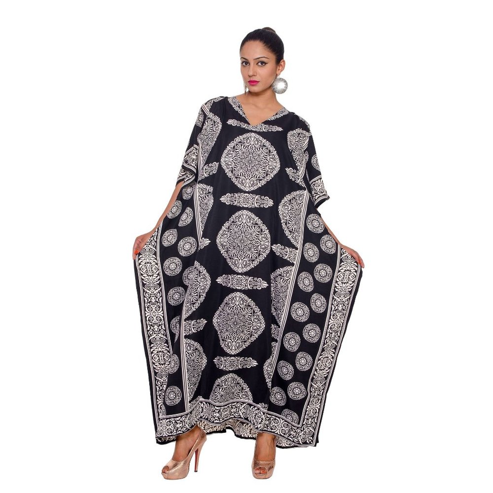 Womens One Size Printed Long Caftan V Neck Maxi